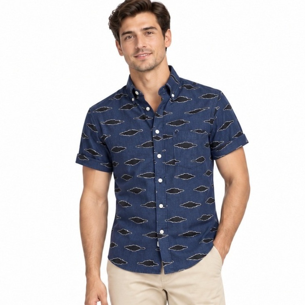 J.Crew Blue Black Ikat Linen Cotton Short Sleeve Button Down Shirt| XS